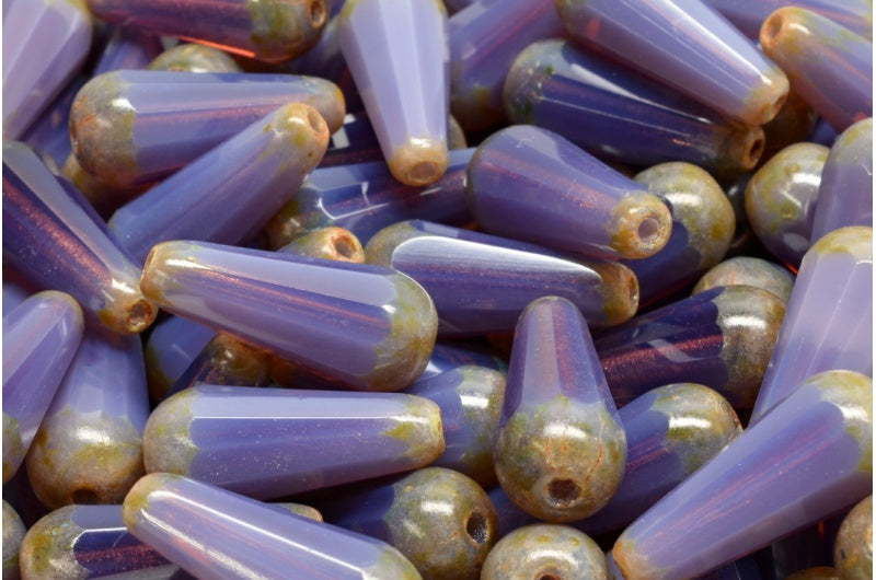 OUTLET 10 Gramm facettierte feuerpolierte Tropfenperlen, Opal Dark Lavender Travertin (21010-86800), Glas, Tschechische Republik
