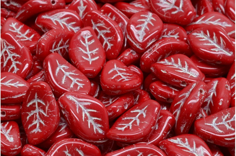 Wavy Leaf Beads, Opaque Red Silver Lined (93210-54301), Glass, Czech Republic