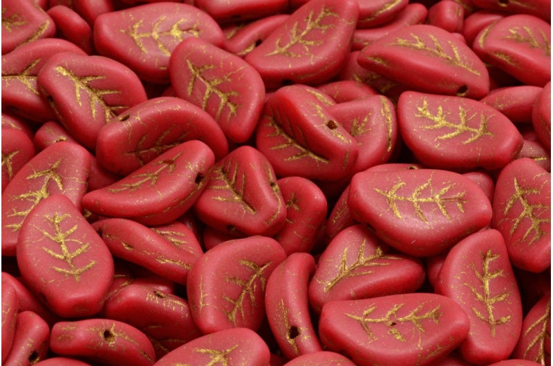 Wavy Leaf Beads, Opaque Red Matte Bronze Lined (93210-84100-54317), Glass, Czech Republic