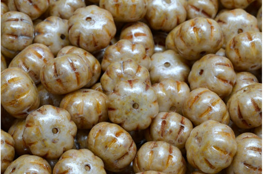 Pumpkin Beads, White Cream Luster Spotted (02010-65321), Glass, Czech Republic