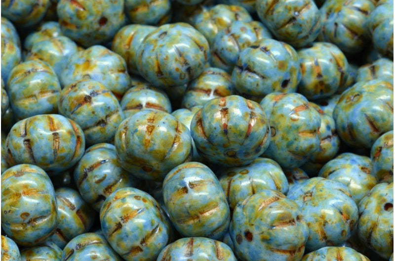 Pumpkin Beads, White Green Luster Spotted (02010-65325), Glass, Czech Republic