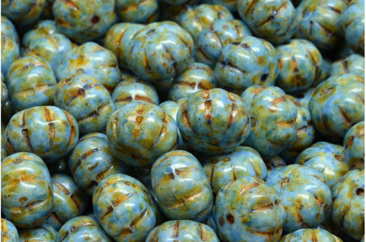 OUTLET 10 grams Pumpkin Beads, White Green Luster Spotted (02010-65325), Glass, Czech Republic