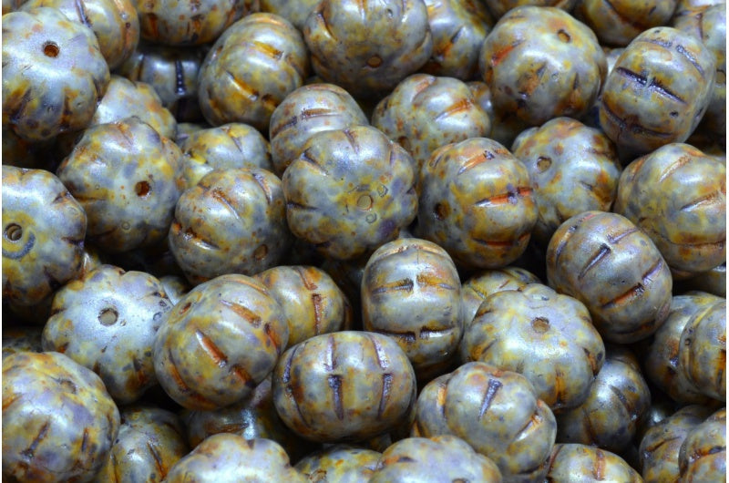 Pumpkin Beads, White Purple Brown Luster Spotted (02010-65329), Glass, Czech Republic
