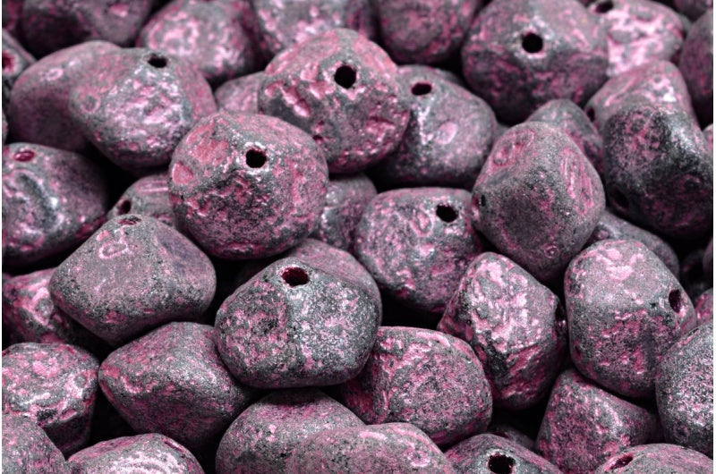 Meteorite Beads, Black Etched Pink Lined (23980-ETCH-54321), Glass, Czech Republic