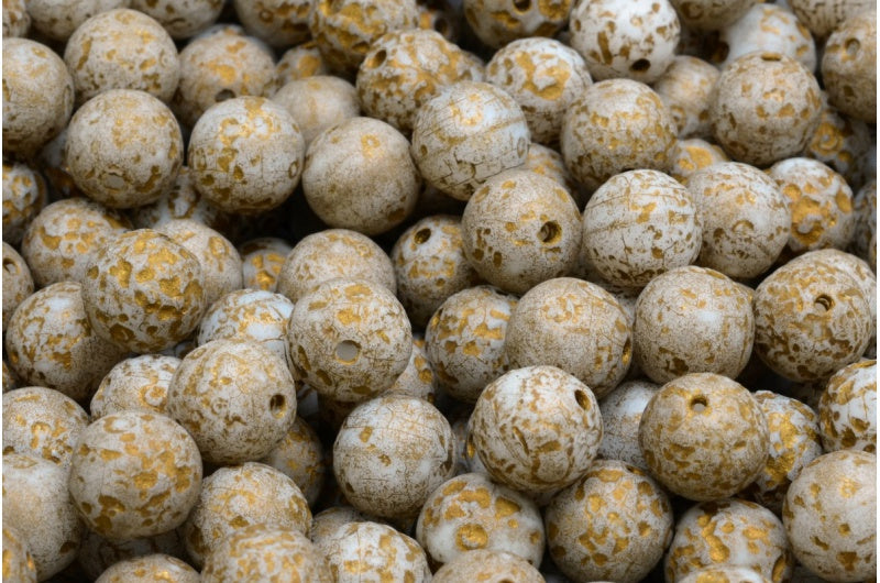 奥特莱斯 10克圆形Druck珠，白色蚀刻金线（02010-etch-54302），玻璃，捷克共和国