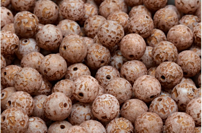 Round Druck Beads, White Etched Bronze Lined (02010-ETCH-54317), Glass, Czech Republic