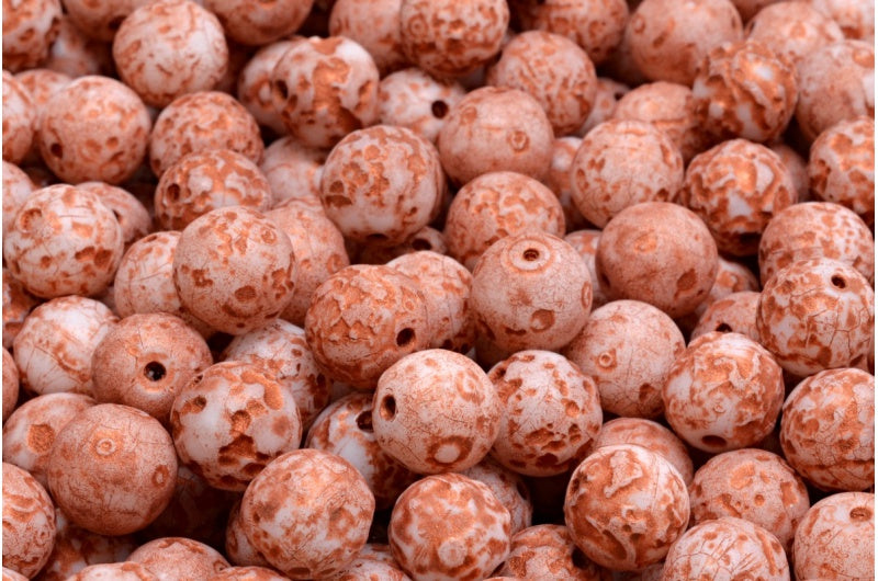 Round Druck Beads, White Etched Copper Lined (02010-ETCH-54319), Glass, Czech Republic
