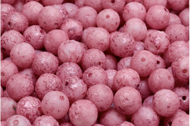 Round Druck Beads, White Etched Pink Lined (02010-ETCH-54321), Glass, Czech Republic