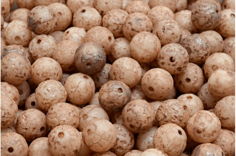 ラウンドドラックビーズ、ホワイトエッチング銅ライニング（02010-ETCH-54324）、ガラス、チェコ共和国