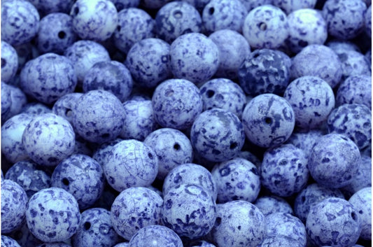 ラウンドドラックビーズ、ホワイトエッチングブルーライン（02010-ETCH-54325）、ガラス、チェコ共和国