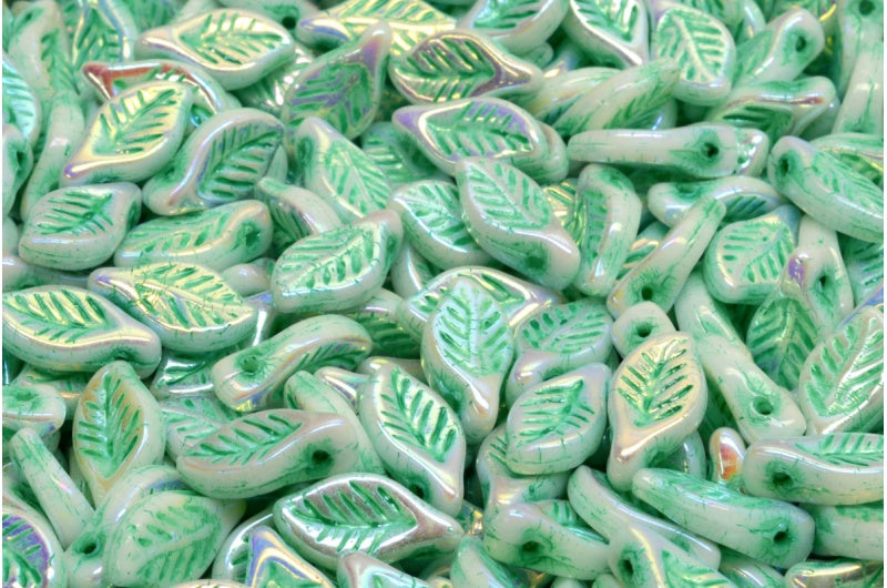 Bay Leaf Beads, White Ab Full (2X Side) Teal Lined (02010-28703-54316), Glass, Czech Republic