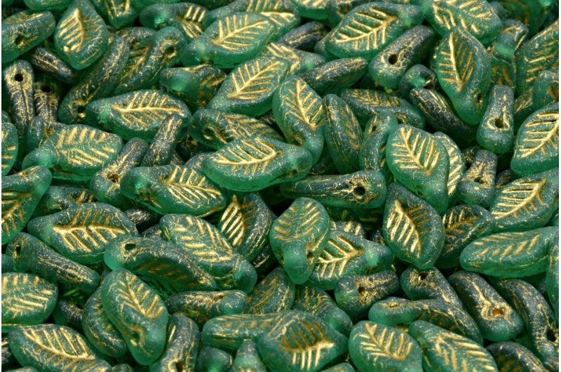 Bay Leaf Beads, Transparent Green Emerald Matte Gold Lined (50720-84100-54302), Glass, Czech Republic
