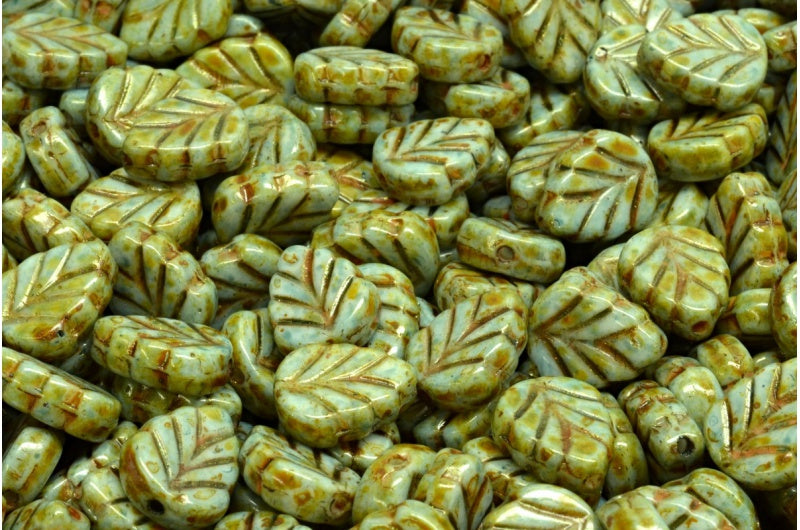 Mint Leaf Beads, White Brown Luster Spotted (02010-65326), Glass, Czech Republic