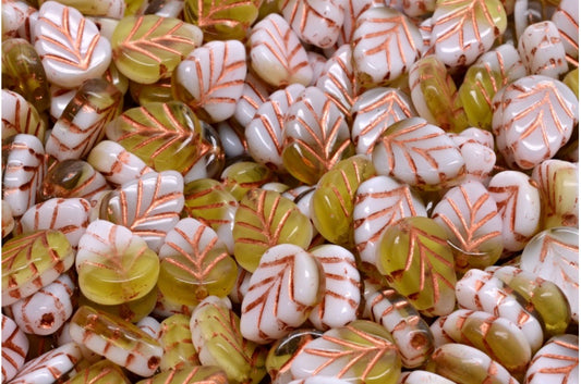 Mint Leaf Beads, White Transparent Green Copper Lined (02010-50316-54319), Glass, Czech Republic