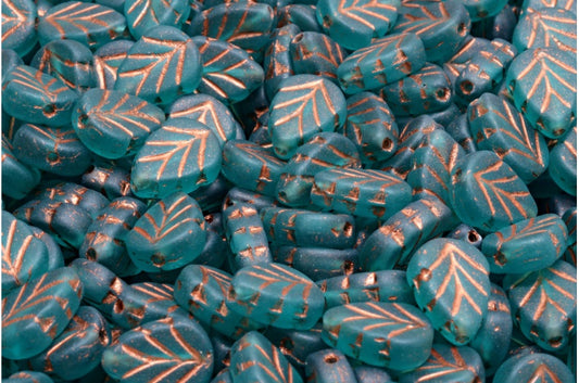 Mint Leaf Beads, Transparent Aqua Matte Copper Lined (60210-84100-54319), Glass, Czech Republic