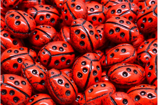 奥特莱斯 10克瓢虫珠，14 x 11毫米，红黑内衬 (93180-46441)，玻璃，捷克共和国