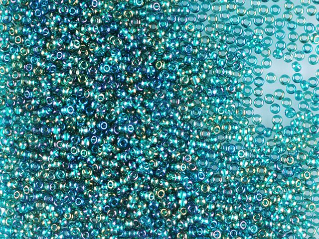 Wholesale (1kg / 500g) Preciosa Ornela Seed Beads Coated, Round Hole, Loose, Transp. Teal Green, Rainbow (51710), Glass, Czech Republic, OUTLET