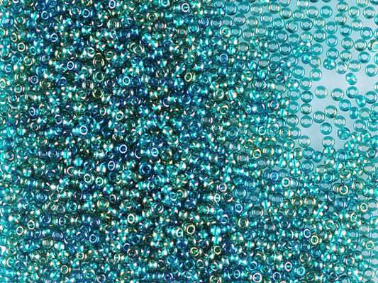 Wholesale (1kg / 500g) Preciosa Ornela Seed Beads Coated, Round Hole, Loose, Transp. Teal Green, Rainbow (51710), Glass, Czech Republic, OUTLET