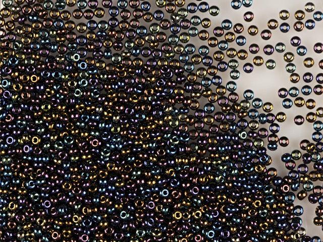 1 kg Preciosa Ornela Seed Beads Coated, Round Hole, Loose, Black, Rainbow (59205), Glass, Czech Republic, OUTLET