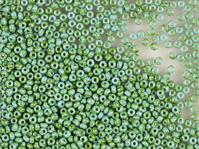 Wholesale (1kg / 500g) Preciosa Ornela Seed Beads Coated, Round Hole, Loose, Travertine On Green Turquoise (69130), Glass, Czech Republic, OUTLET