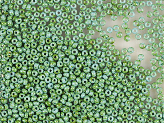 Wholesale (1kg / 500g) Preciosa Ornela Seed Beads Coated, Round Hole, Loose, Travertine On Green Turquoise (69130), Glass, Czech Republic, OUTLET