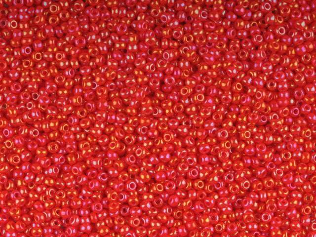 Wholesale (1kg / 500g) Preciosa Ornela 3-Cut Rocaille, Round Hole, Loose, Opaque Red Coral, Rainbow (94170), Glass, Czech Republic, OUTLET