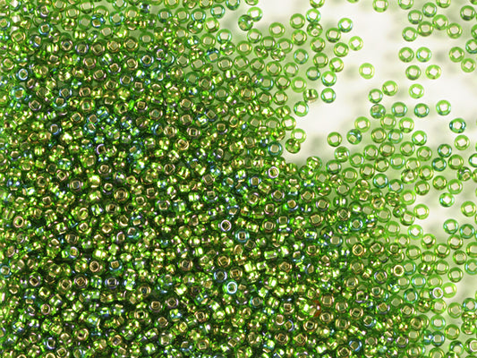 Wholesale (1kg / 500g) Preciosa Ornela Seed Beads Coated, Square Hole, Loose, Transp. Green, Silver Lined, Rainbow (57129), Glass, Czech Republic, OUTLET