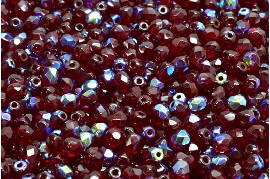 Faceted Round Fire Polished Beads, Transparent Red Ab (90110-28701), Glass, Czech Republic