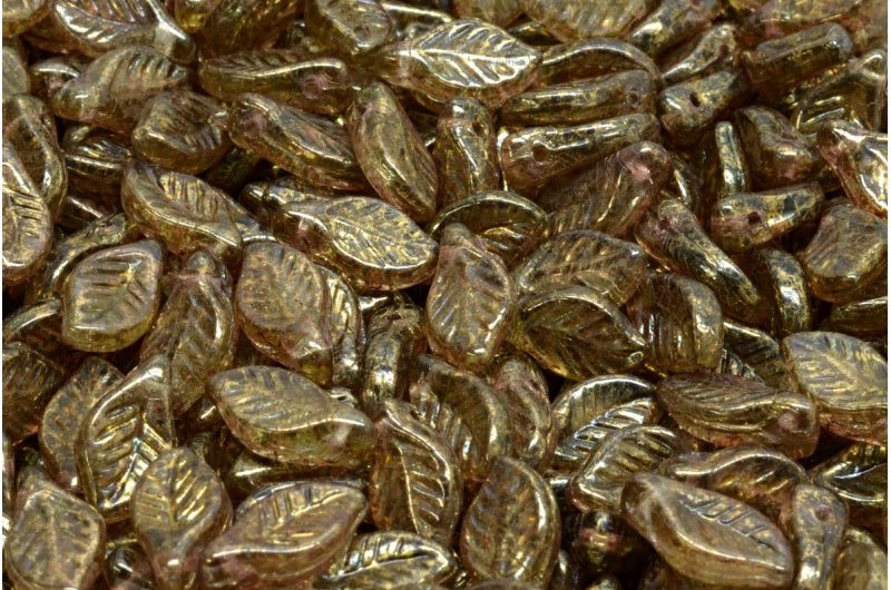 Bay Leaf Beads, Transparent Green Terracotta Violet (50220-15496), Glass, Czech Republic