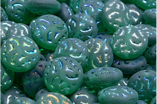 Lentil Beads with Ornaments, Transparent Green Emerald Ab Full (2X Side) Matte (50720-28703-84100), Glass, Czech Republic