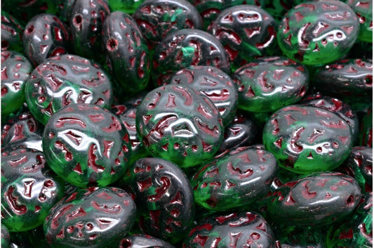 Lentil Beads with Ornaments, Transparent Green Emerald Red Lined (50720-54314), Glass, Czech Republic