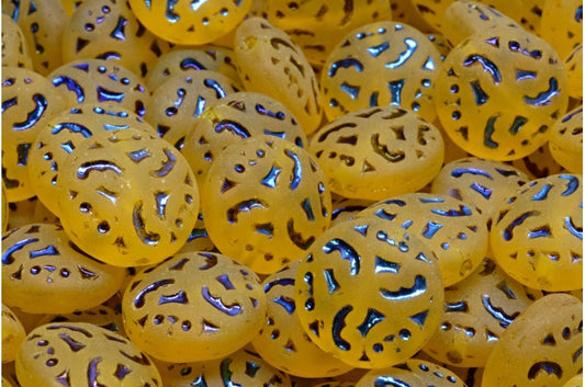 Lentil Beads with Ornaments, Transparent Yellow 22203 Matte (80020-22203-84100), Glass, Czech Republic