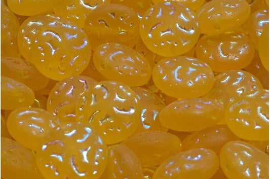 Lentil Beads with Ornaments, Transparent Yellow Ab Full (2X Side) Matte (80020-28703-84100), Glass, Czech Republic