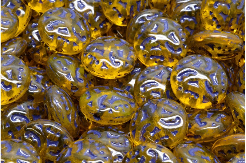 Lentil Beads with Ornaments, Transparent Yellow Blue Lined (80020-54325), Glass, Czech Republic