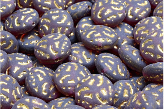 Lentil Beads with Ornaments, Transparent Red Gold Matte (70350-26443-84100), Glass, Czech Republic