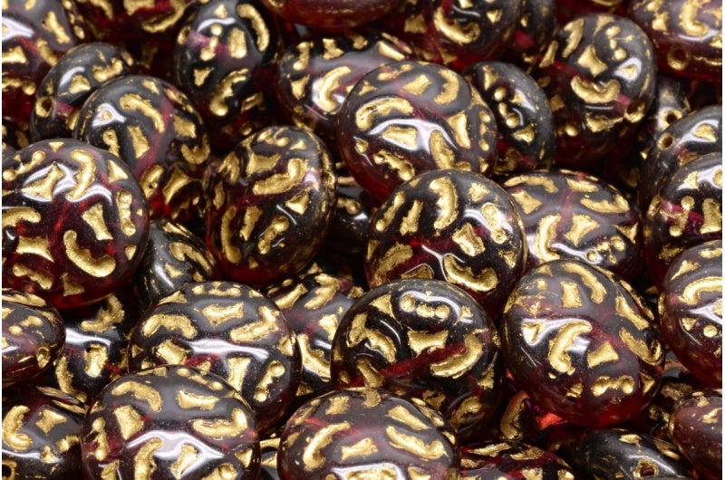 Lentil Beads with Ornaments, Transparent Red Gold Lined (70350-54302), Glass, Czech Republic