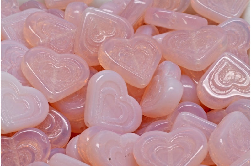 Heart In Heart Beads, Opal Pink (71010), Glass, Czech Republic