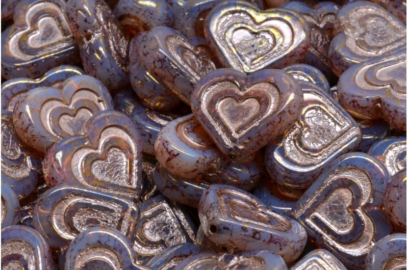 Heart In Heart Beads, Opal Pink Terracotta Violet Copper Lined (71010-15496-54324), Glass, Czech Republic