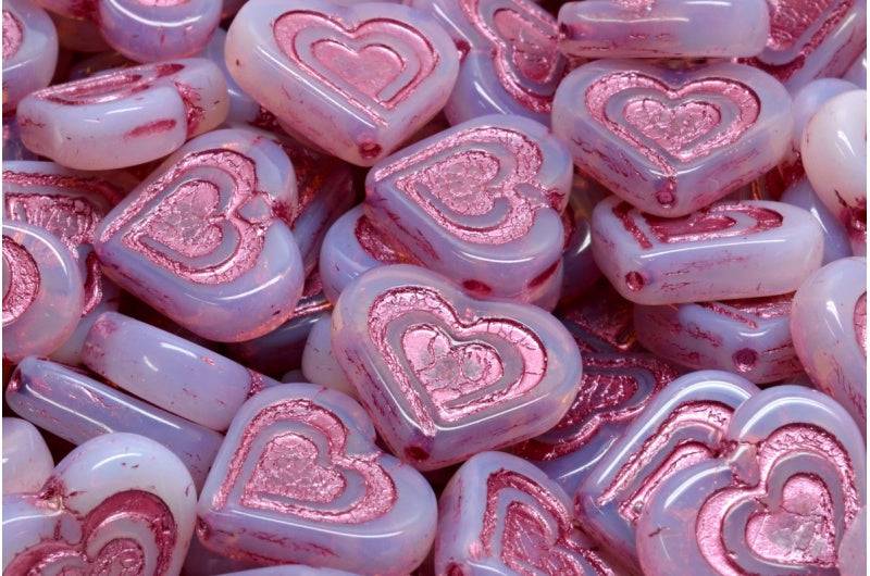 Heart In Heart Beads, Opal Pink Pink Lined (71010-54321), Glass, Czech Republic