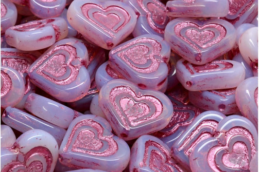 Heart In Heart Beads, Opal Pink Pink Lined (71010-54321), Glass, Czech Republic