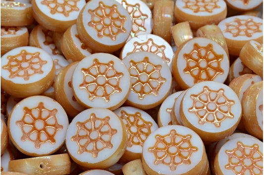 Table Cut Wheel Coin Beads, White Full Apricot (02010-29123), Glass, Czech Republic