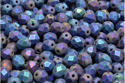 OUTLET 10 grams Faceted Round Fire Polished Beads, 6 x 6 mm, Black Matte Blue Iris (23980-84100-21435), Glass, Czech Republic