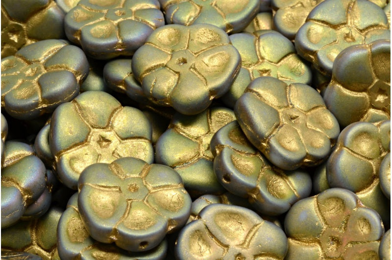 Primrose flower beads, White Matte 28103 Gold Lined (02010-84100-28103-54302), Glass, Czech Republic