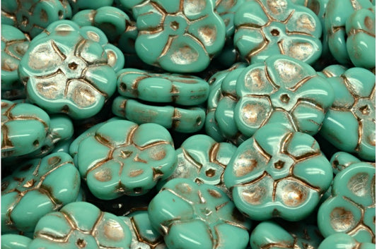 OUTLET 10 grams Primrose flower beads, 15 x 15 mm, Turquoise Copper Lined (63130-54324), Glass, Czech Republic