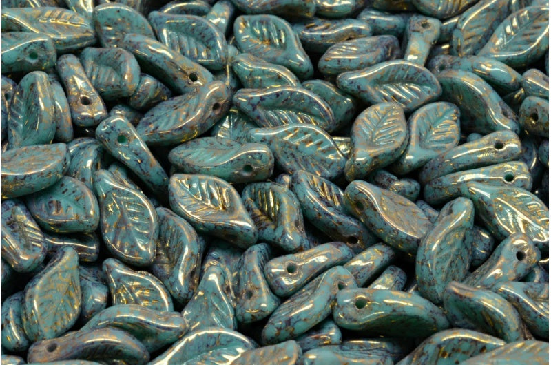 Bay Leaf Beads, Turquoise Terracotta Violet (63130-15496), Glass, Czech Republic