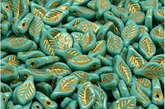 ベイリーフビーズ、ターコイズゴールドライン（63130-54302）、ガラス、チェコ共和国