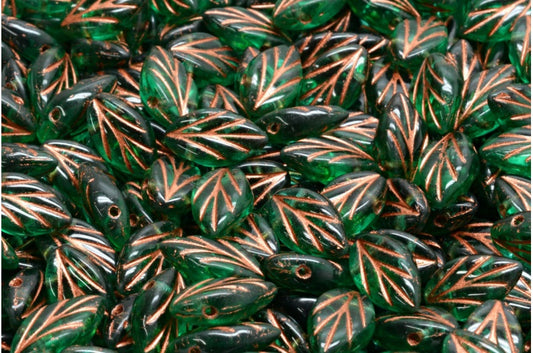 OUTLET 10 Gramm Buchenblattperlen, transparent grün smaragdgrün kupfergefüttert (50720-54319), Glas, Tschechische Republik