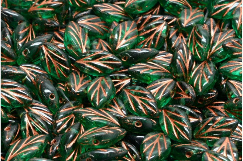 山毛榉叶珠，透明绿色祖母绿铜内衬 (50720-54319)，玻璃，捷克共和国