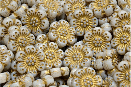 ボヘミアンフラワービーズ、ホワイトゴールドライン（02010-54302）、ガラス、チェコ共和国