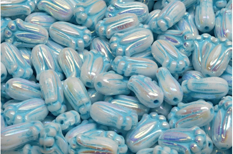 OUTLET 10 grams Tulip Bud Beads, White Ab Full (2X Side) Light Blue Lined (02010-28703-54308), Glass, Czech Republic